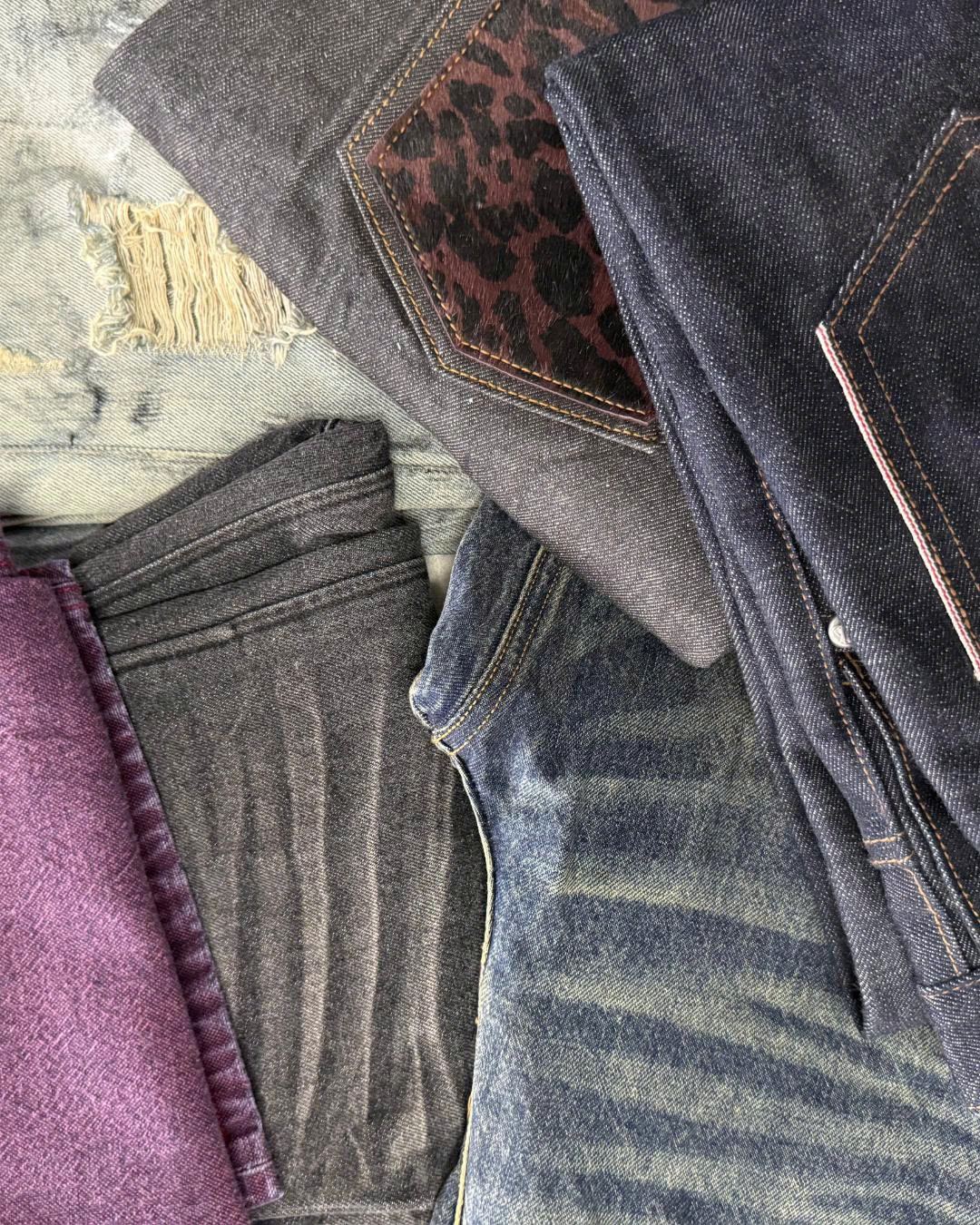 Denim panels in a range of washes and finishes, from raw indigo to black and printed